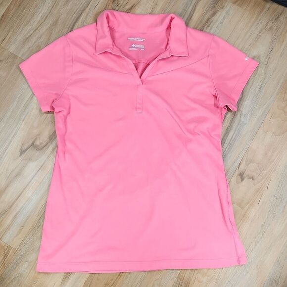 🐞Columbia Pink Omni-Freeze Collared Vneck Short Sleeve Top Medium - Picture 2 of 15
